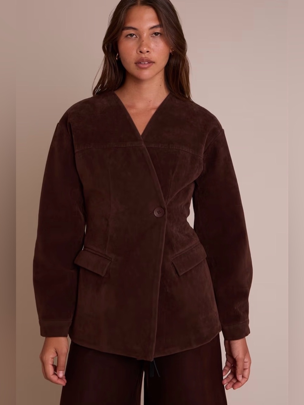 PrettyLittleThing Chocolate Faux Suede Asymmetric Blazer Size 2